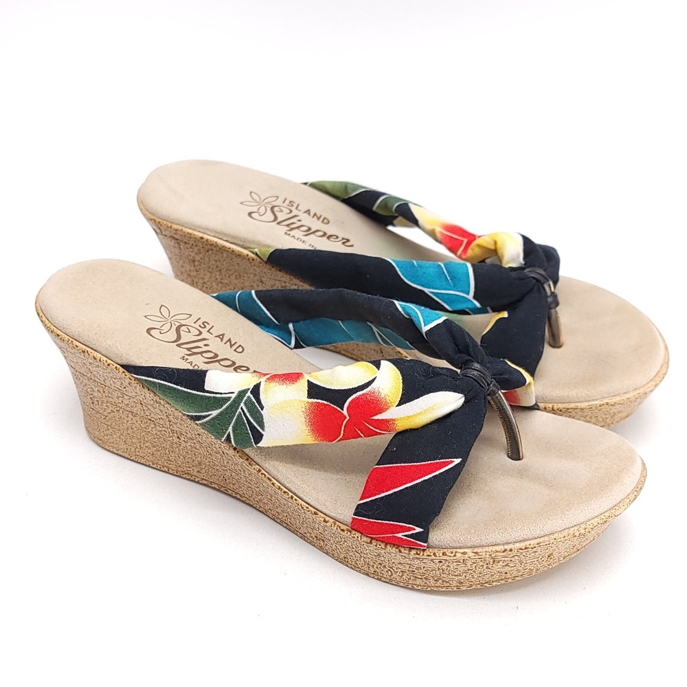 Island Slipper Womens Black Floral Tropical Wedge‎ Sandals Made in Hawaii Size 8